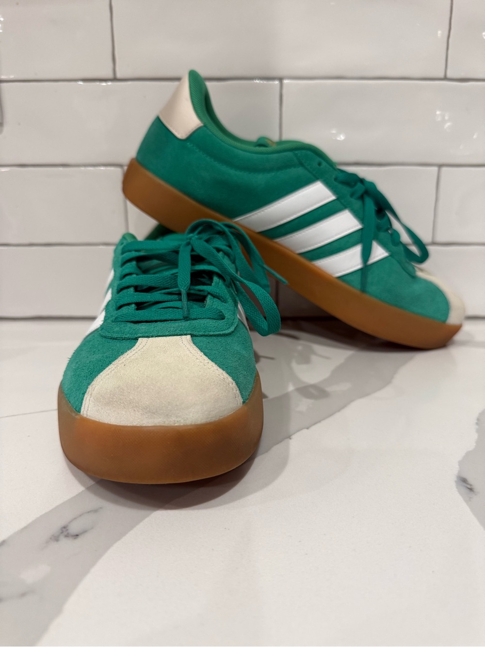 adidas Green Suede Low-Top Sneakers with White Stripes and Gum Sole